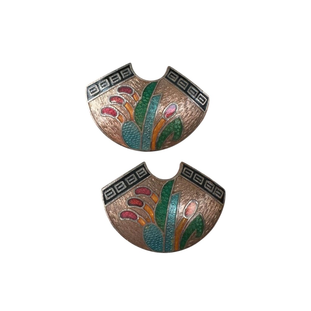 Vintage SG Cloisonne Enamel Earrings Colorful Art Deco Stud Pierced Retro Style